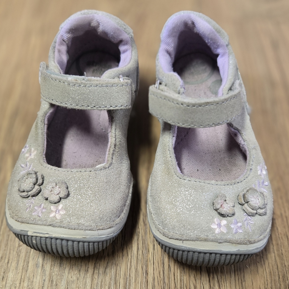 Kid's Stride Rite Gray & Purple Mary Jane Shoes w/ Floral Accents sz 7W